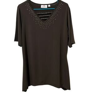 Quacker Factory Women’s Top‎ Sz Large Brown Rhinestones Pull On